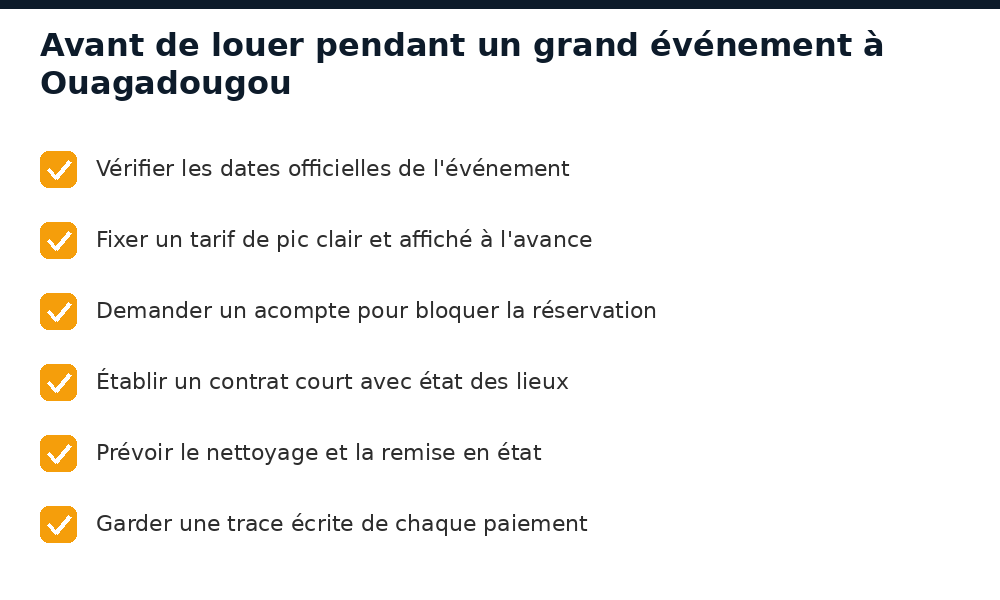 Checklist avant de louer son bien pendant le FESPACO ou un grand événement à Ouagadougou