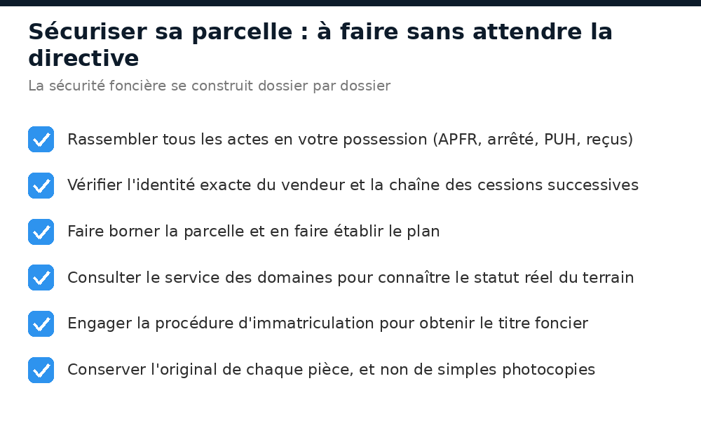 Checklist pour sécuriser sa parcelle au Burkina Faso : actes, bornage, service des domaines, immatriculation