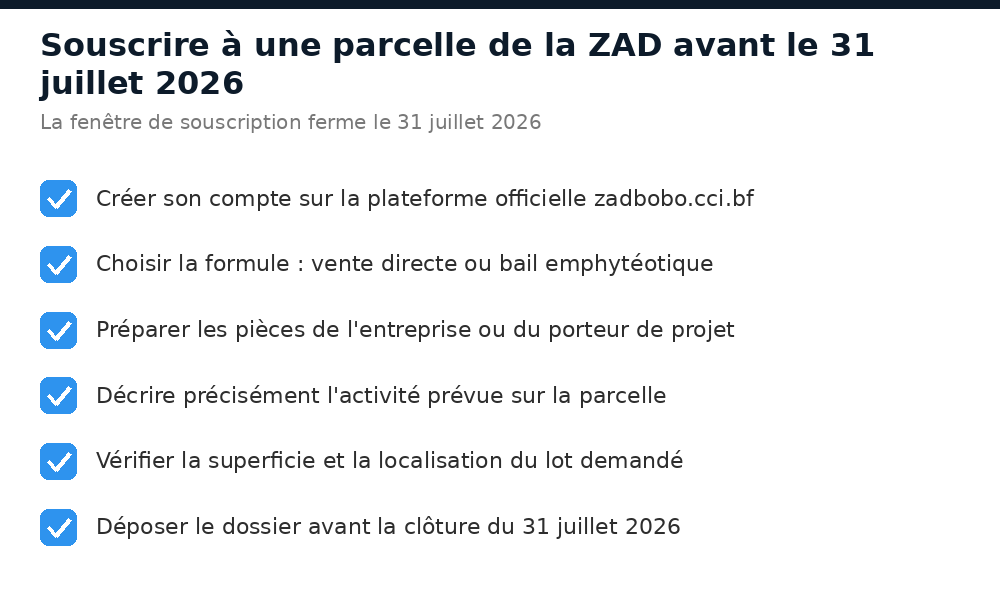 Checklist pour souscrire à une parcelle de la ZAD de Bobo-Dioulasso avant le 31 juillet 2026